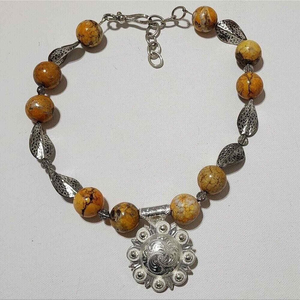 Trigg Leather western orange stone beaded concho necklace